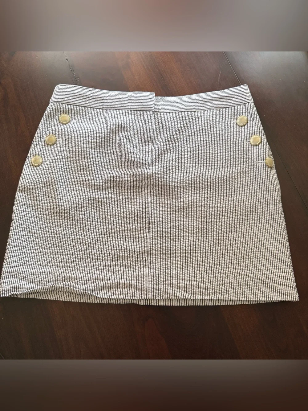 J. Crew White Seersucker Mini Skirt with Gold Buttons